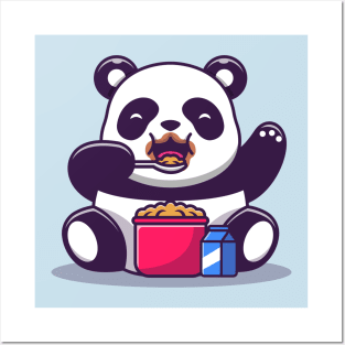 Cute Panda Eating Cereal And Milk Breakfast Posters and Art